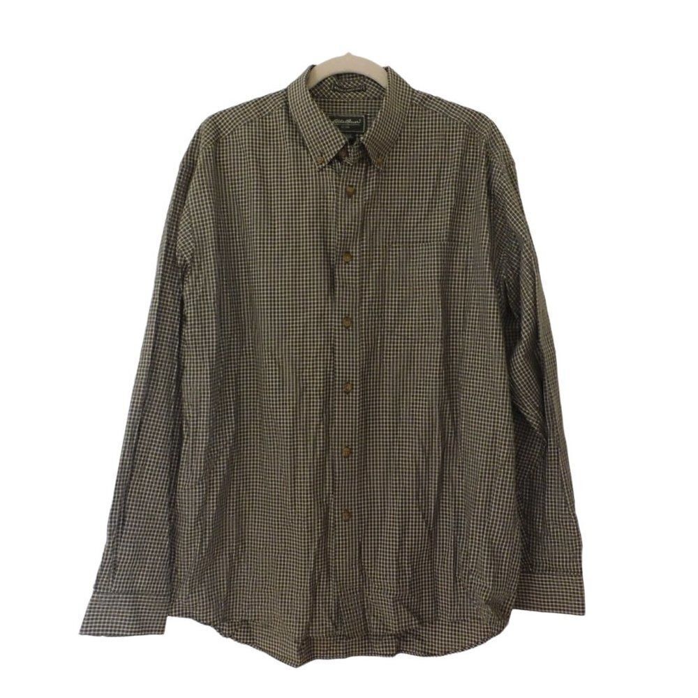 Eddie Bauer Mens Long Sleeve Shirt Button Front Green Plaid sz Large Wrinkle Res